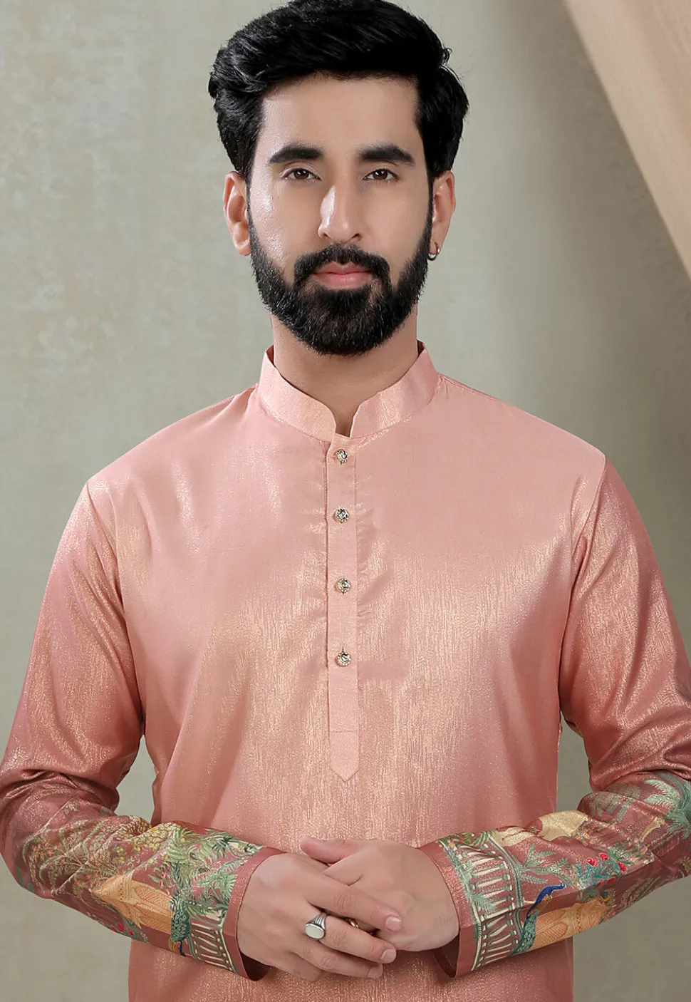Digital Printed Art Silk Kurta Set in Peach
