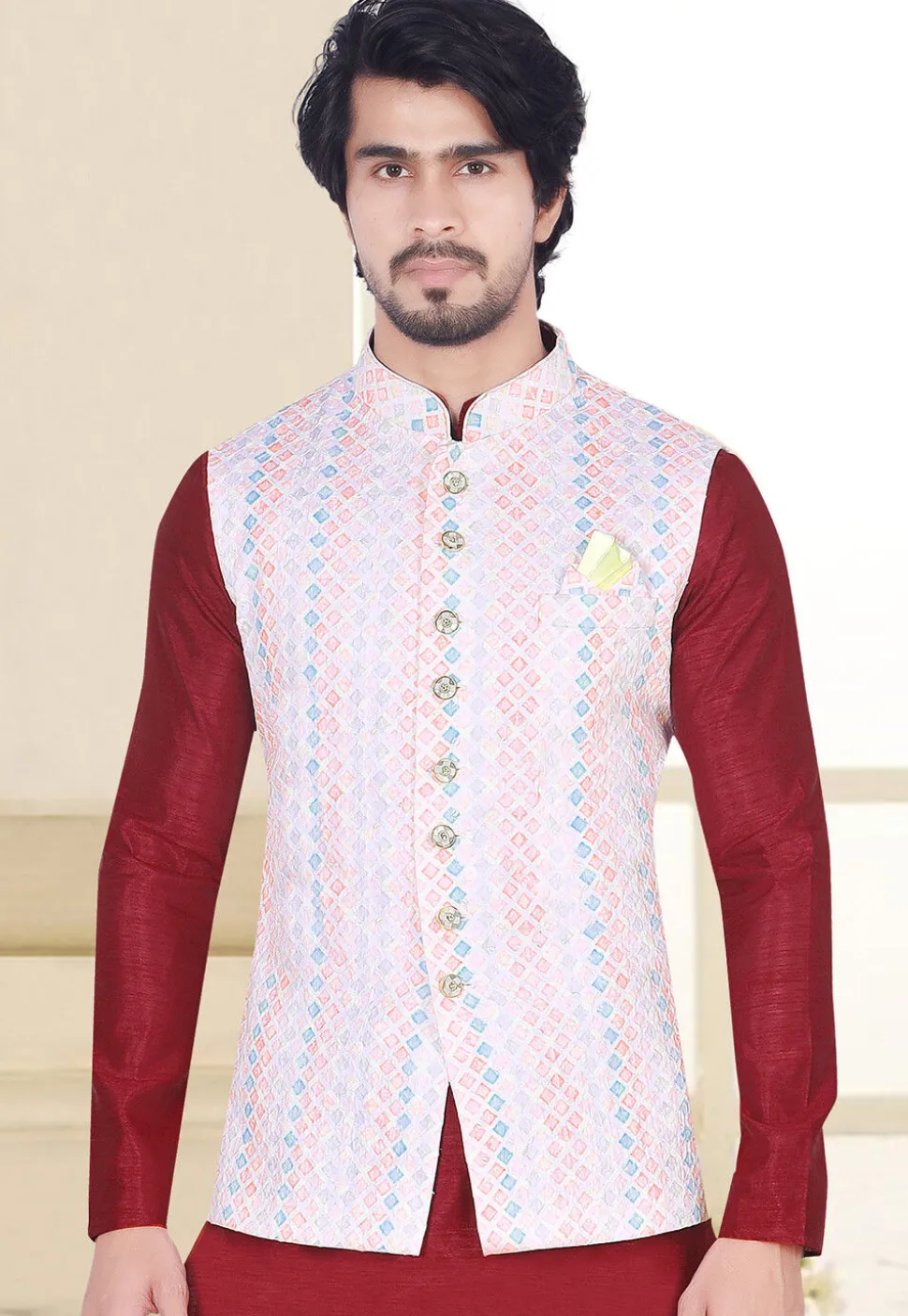 Digital Printed Art Silk Nehru Jacket in Multicolor