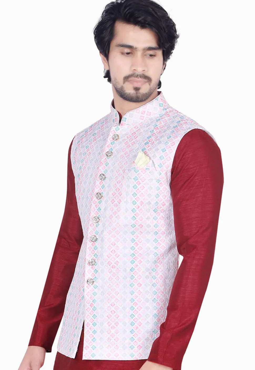 Digital Printed Art Silk Nehru Jacket in Multicolor