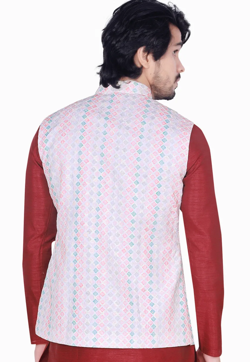 Digital Printed Art Silk Nehru Jacket in Multicolor