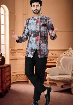 Digital Printed Art Silk Jodhpuri Suit in Multicolor