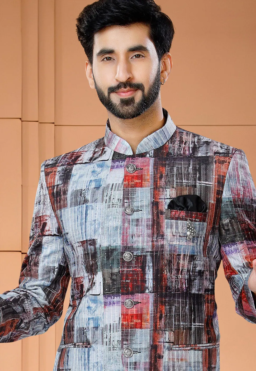 Digital Printed Art Silk Jodhpuri Suit in Multicolor