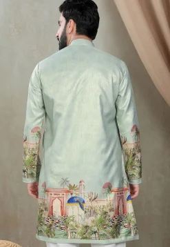 Digital Printed Art Silk Kurta in Light Green