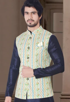 Digital Printed Art Silk Nehru Jacket in Cream