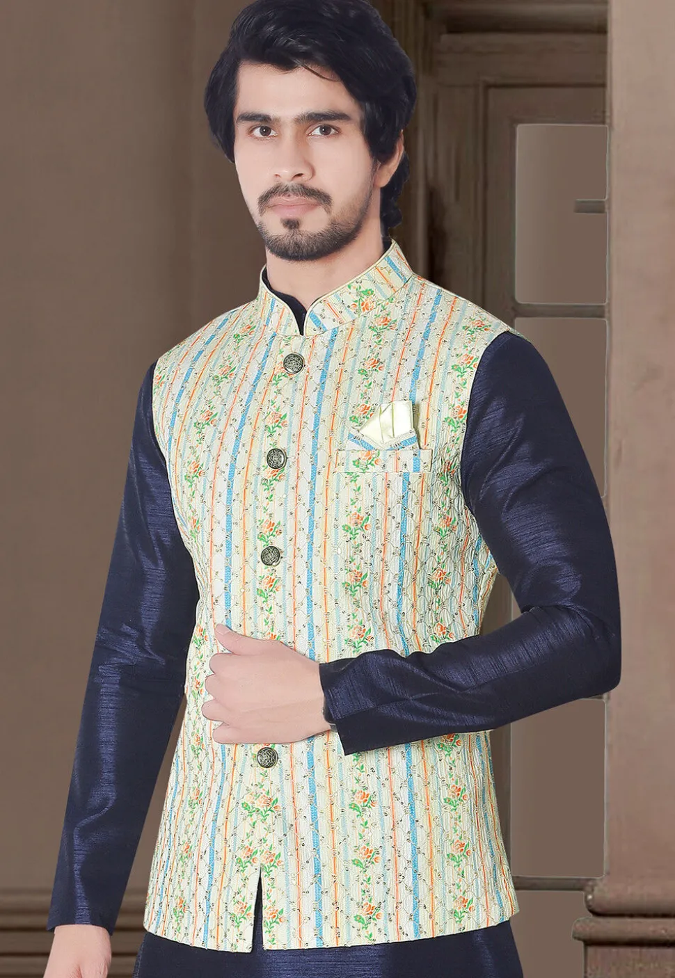 Digital Printed Art Silk Nehru Jacket in Cream