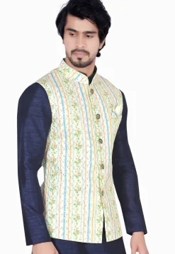 Digital Printed Art Silk Nehru Jacket in Cream