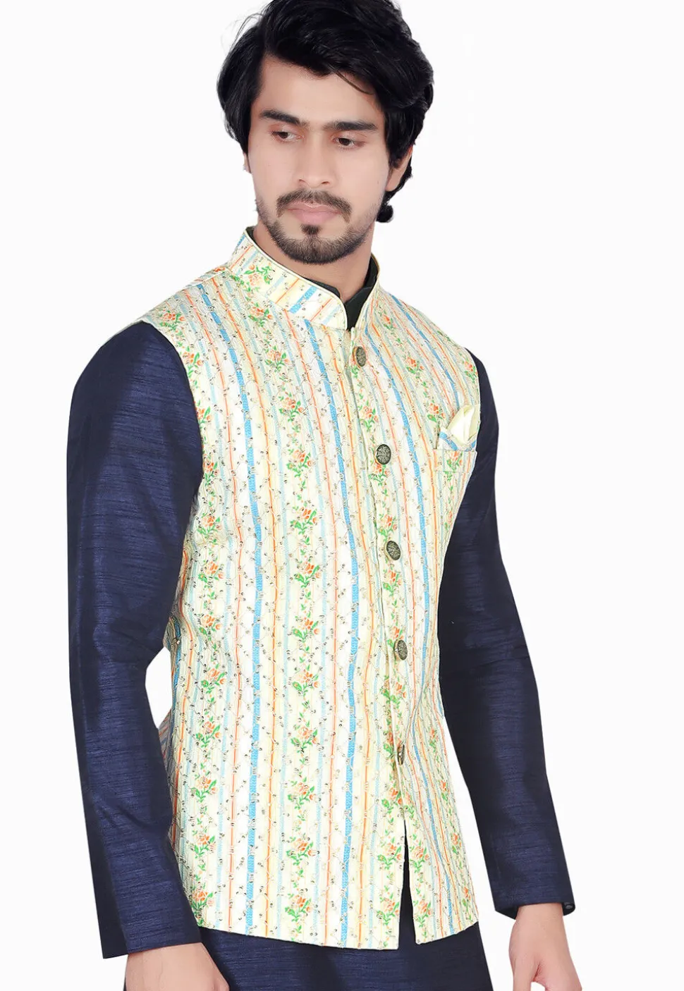 Digital Printed Art Silk Nehru Jacket in Cream