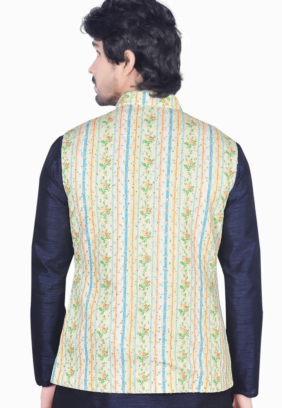 Digital Printed Art Silk Nehru Jacket in Cream