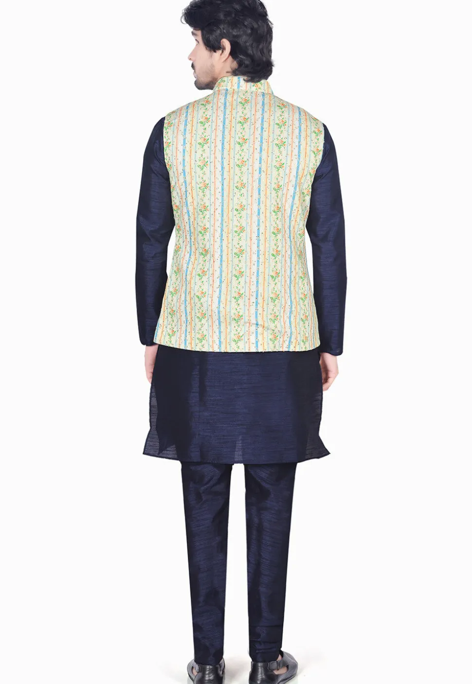 Digital Printed Art Silk Nehru Jacket in Cream