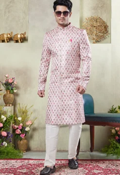Digital Printed Art Silk Sherwani in Pink