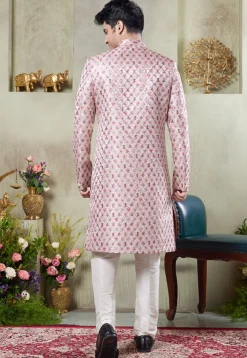 Digital Printed Art Silk Sherwani in Pink