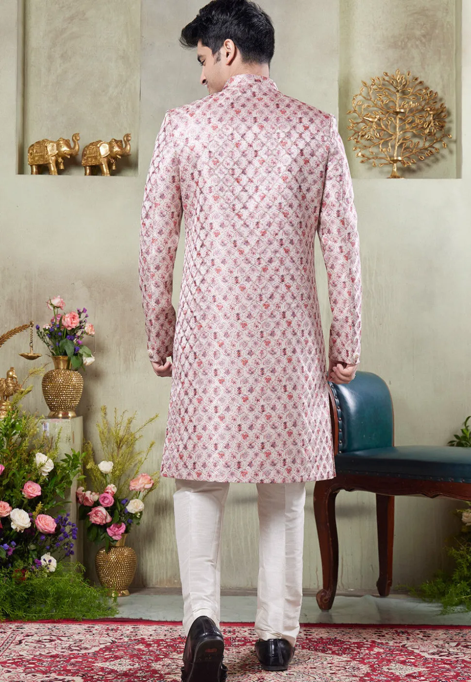 Digital Printed Art Silk Sherwani in Pink