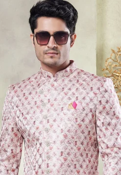 Digital Printed Art Silk Sherwani in Pink