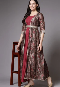 Digital Printed Art Silk Jacket Style Dress in Brown and Maroon