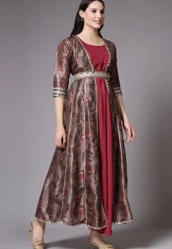 Digital Printed Art Silk Jacket Style Dress in Brown and Maroon