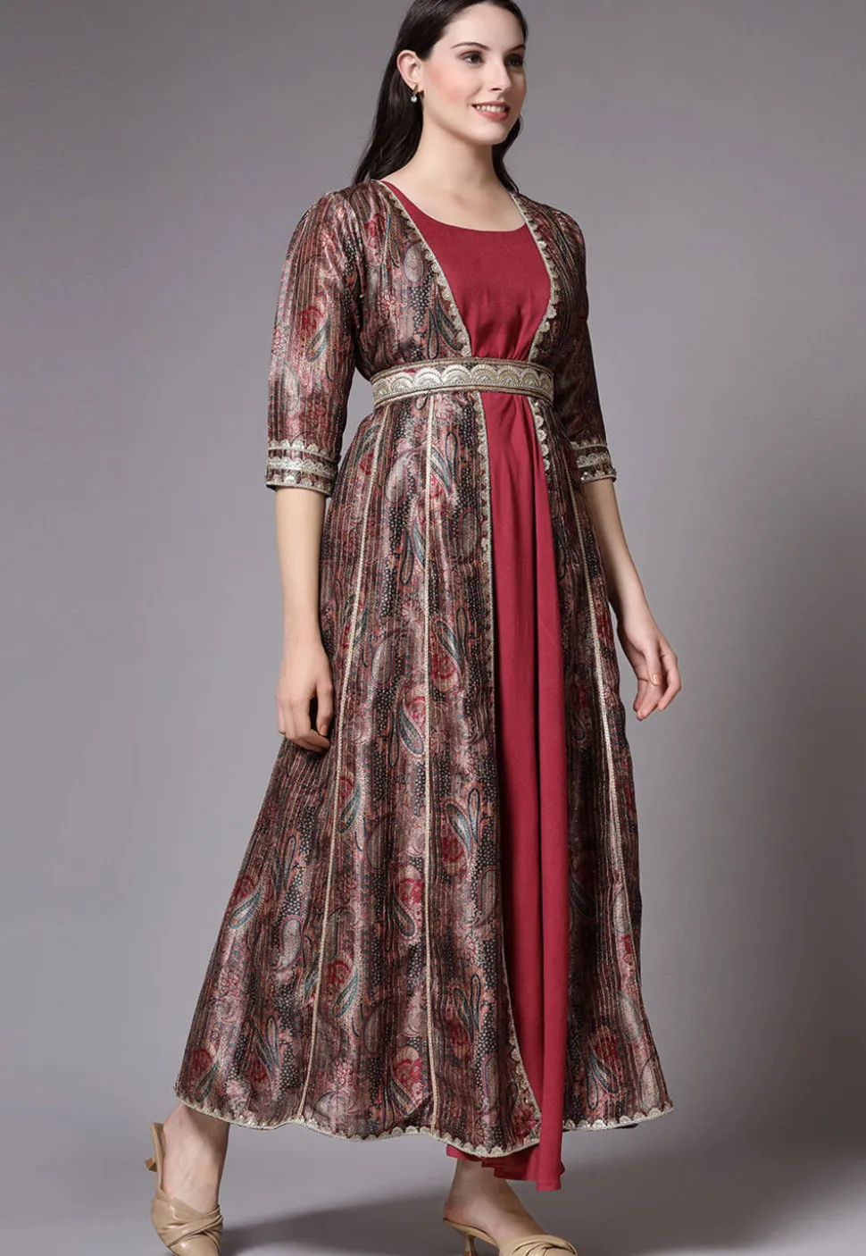 Digital Printed Art Silk Jacket Style Dress in Brown and Maroon