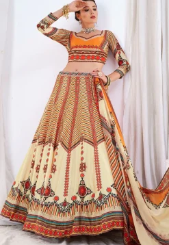 Digital Printed Art Silk Lehenga in Beige