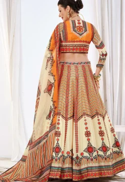 Digital Printed Art Silk Lehenga in Beige