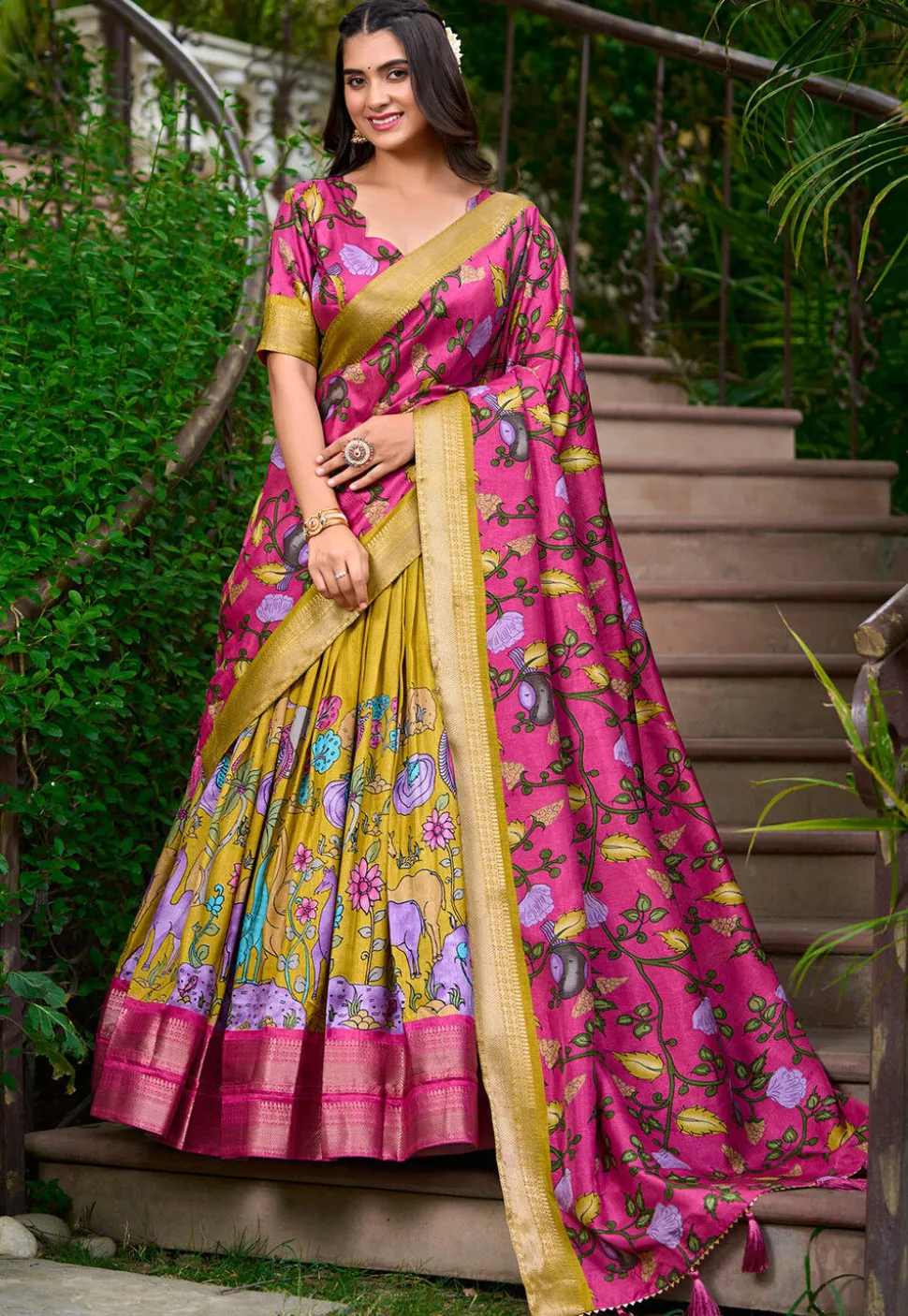 Digital Printed Art Silk Lehenga in Yellow