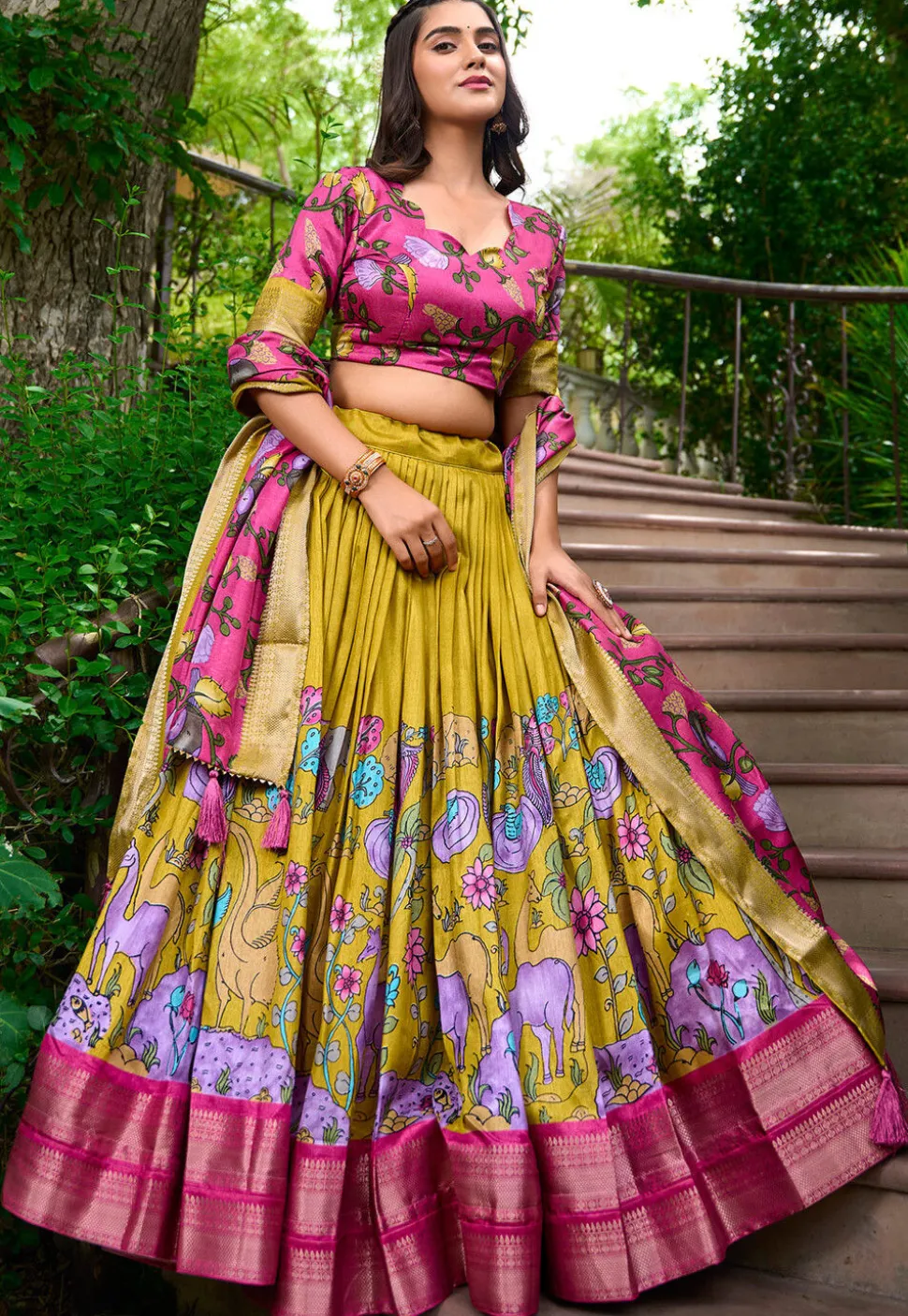 Digital Printed Art Silk Lehenga in Yellow