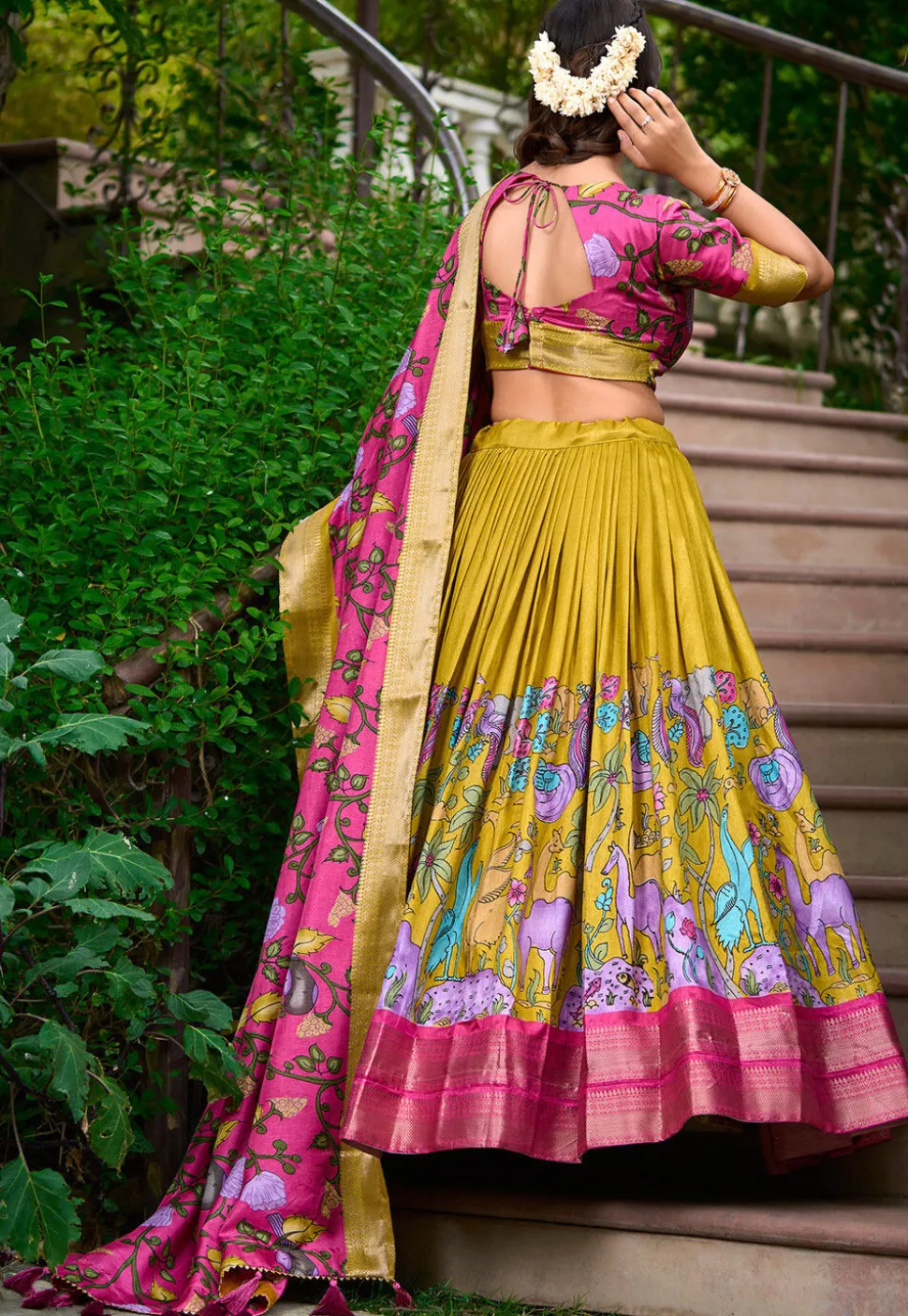 Digital Printed Art Silk Lehenga in Yellow