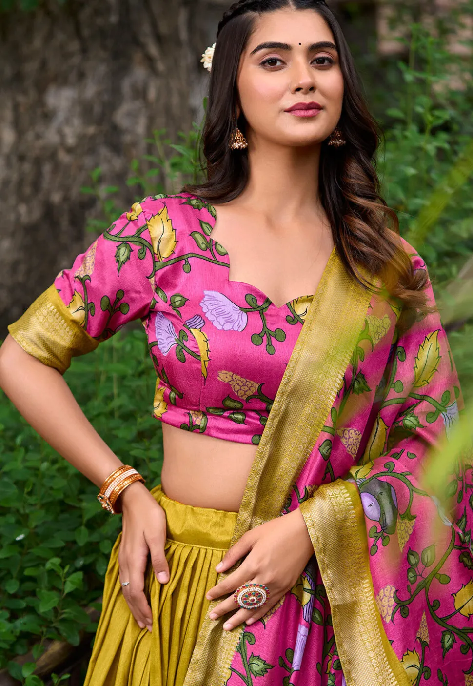 Digital Printed Art Silk Lehenga in Yellow
