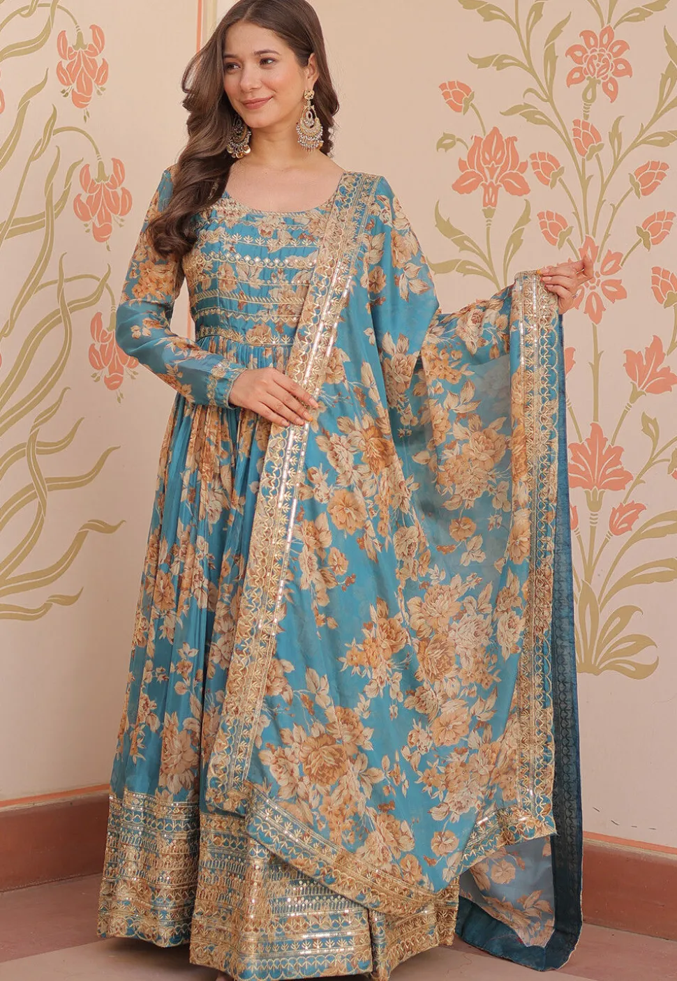 Digital Printed Art Silk Abaya Style Suit in Blue