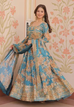 Digital Printed Art Silk Abaya Style Suit in Blue