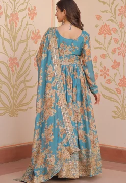 Digital Printed Art Silk Abaya Style Suit in Blue