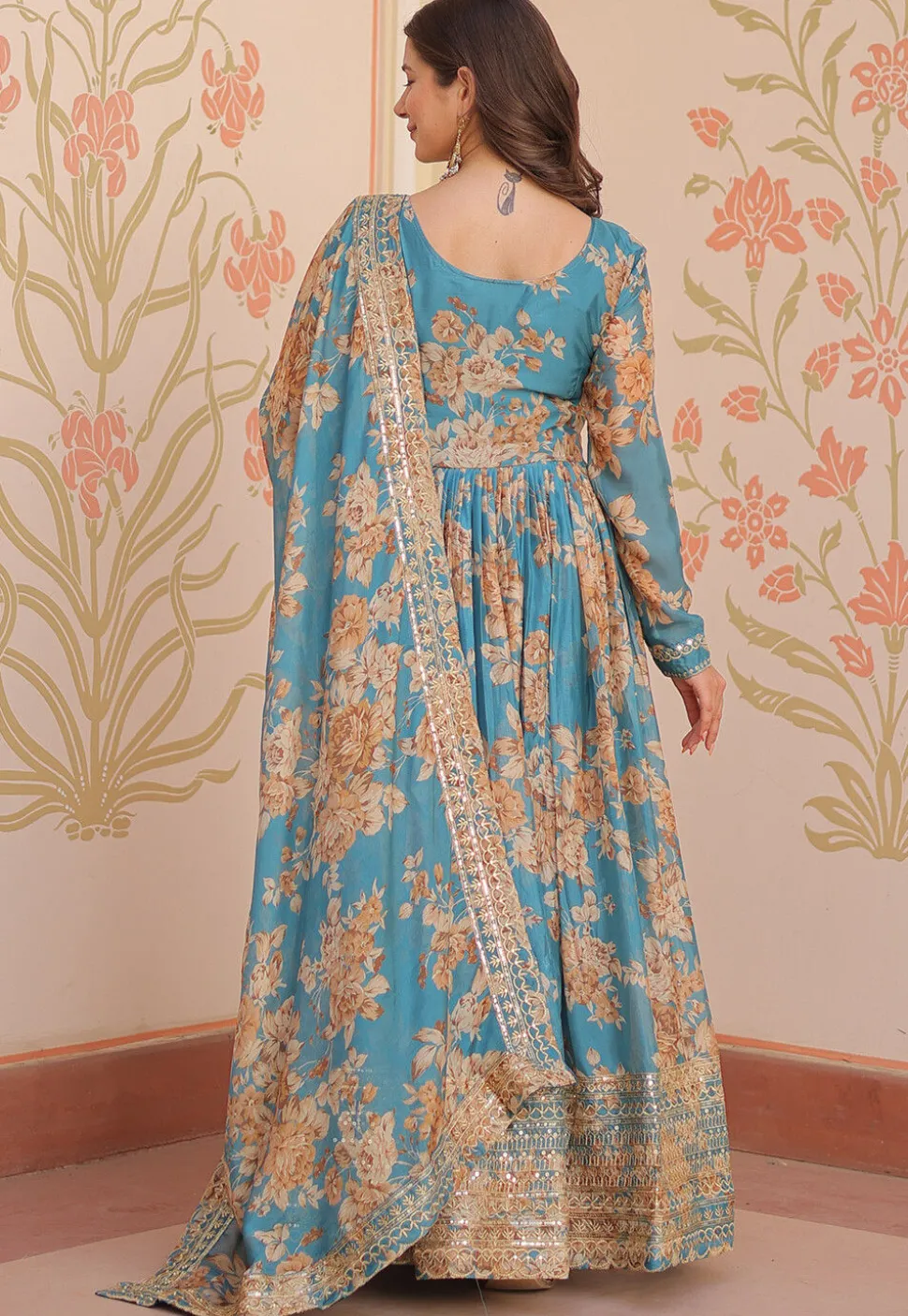 Digital Printed Art Silk Abaya Style Suit in Blue