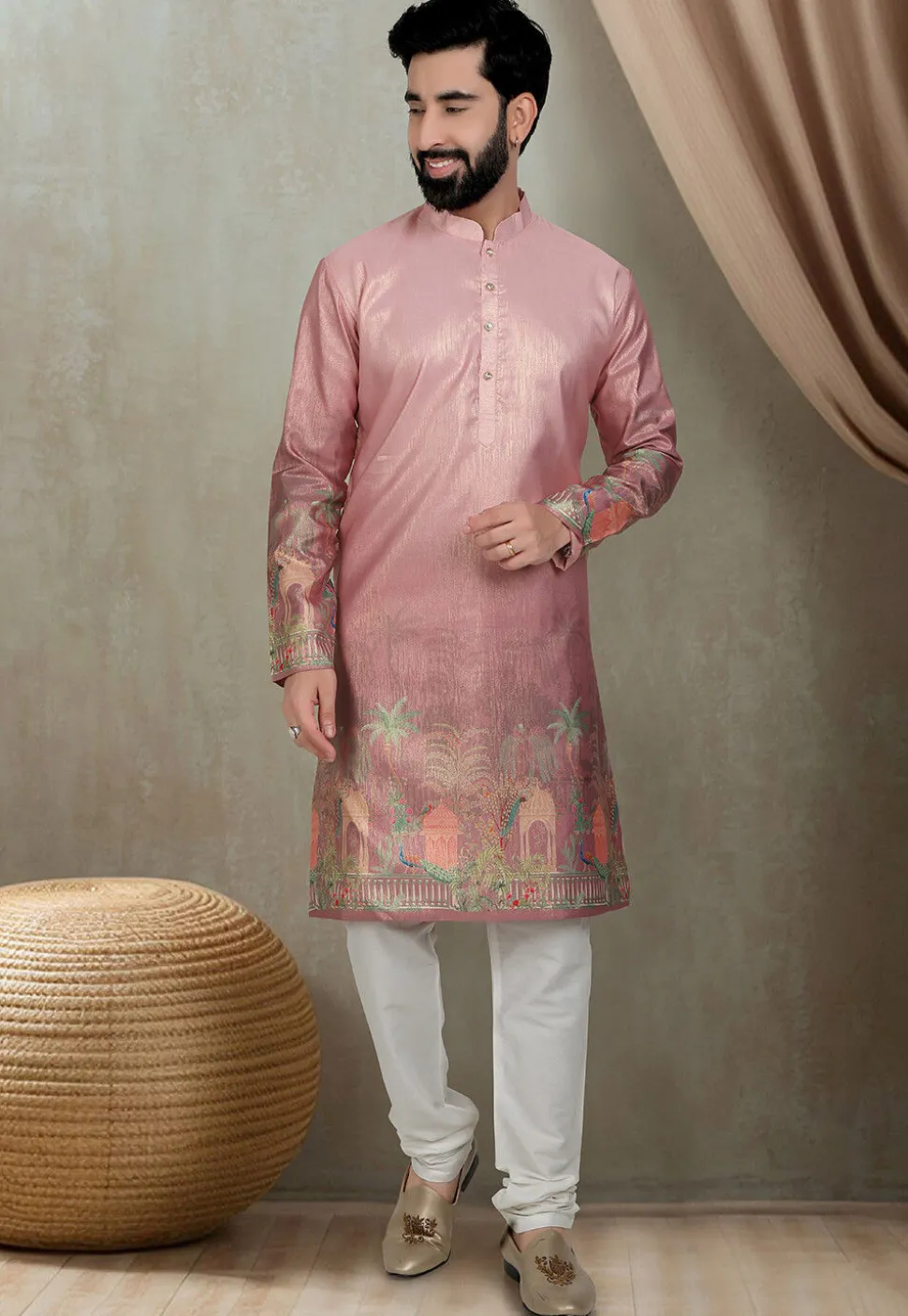 Digital Printed Art Silk Kurta Set in Peach