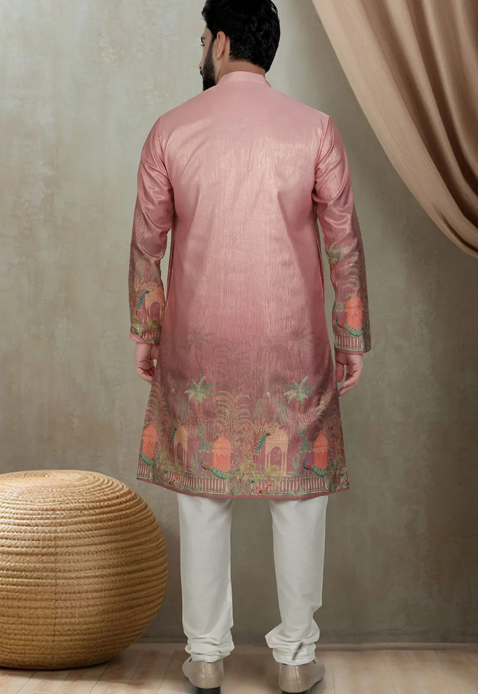 Digital Printed Art Silk Kurta Set in Peach
