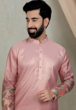 Digital Printed Art Silk Kurta Set in Peach