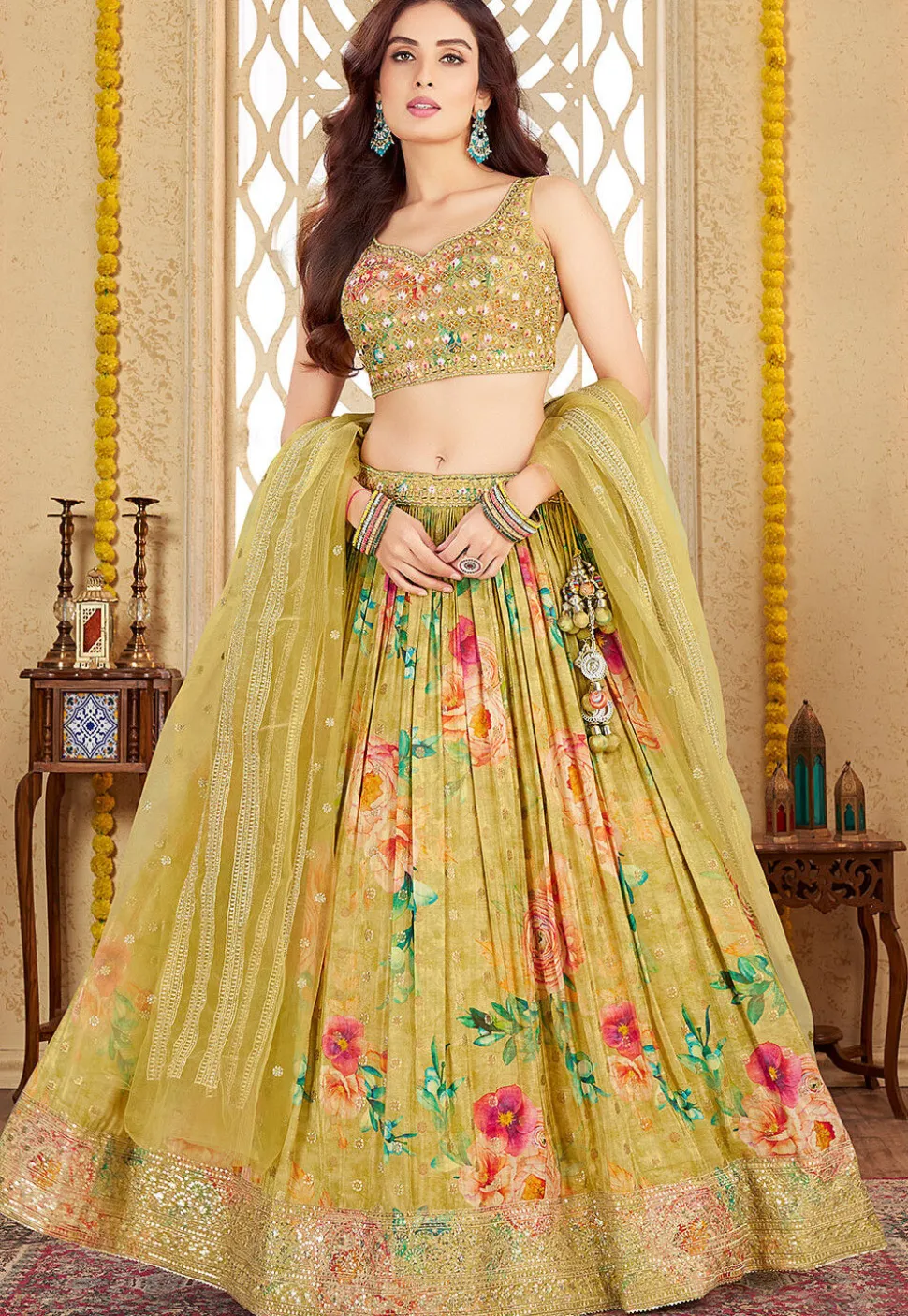 Digital Printed Art Silk Lehenga in Olive Green