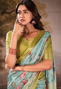 Digital Printed Art Silk Saree in Sky Blue