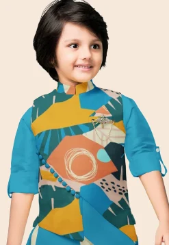 Digital Printed Art Silk Asymmetric Kurta Set in Blue