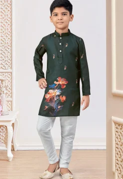 Digital Printed Art Silk Kurta Set in Dark Green
