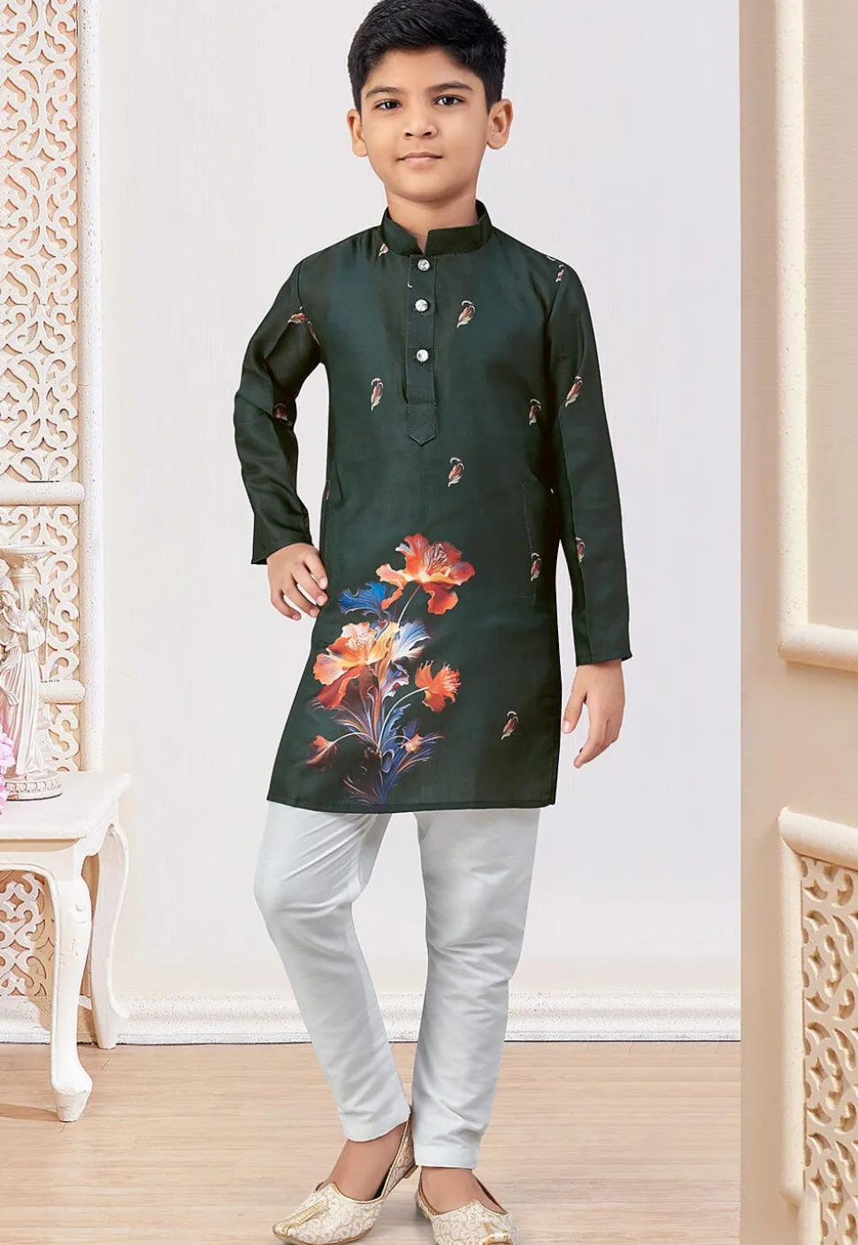 Digital Printed Art Silk Kurta Set in Dark Green