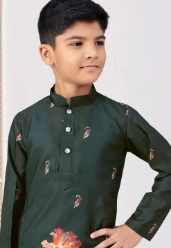 Digital Printed Art Silk Kurta Set in Dark Green