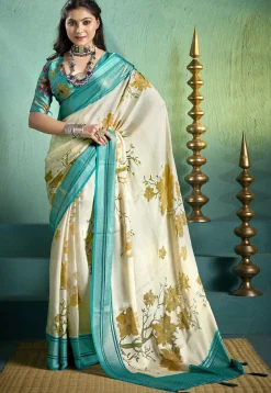 Digital Printed Art Silk Brasso Saree in Cream
