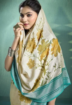 Digital Printed Art Silk Brasso Saree in Cream