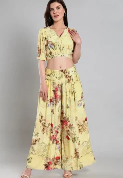 Digital Printed Art Silk Crop Top Set in Yellow