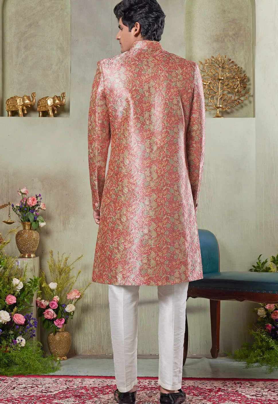 Digital Printed Art Silk Sherwani in Pink