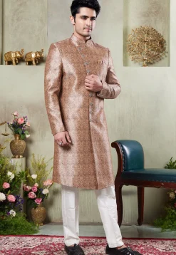 Digital Printed Art Silk Sherwani in Peach