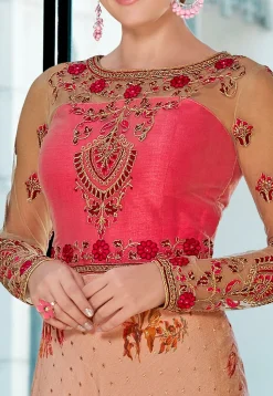 Digital Printed Art Silk Jacquard Gown in Peach and Pink