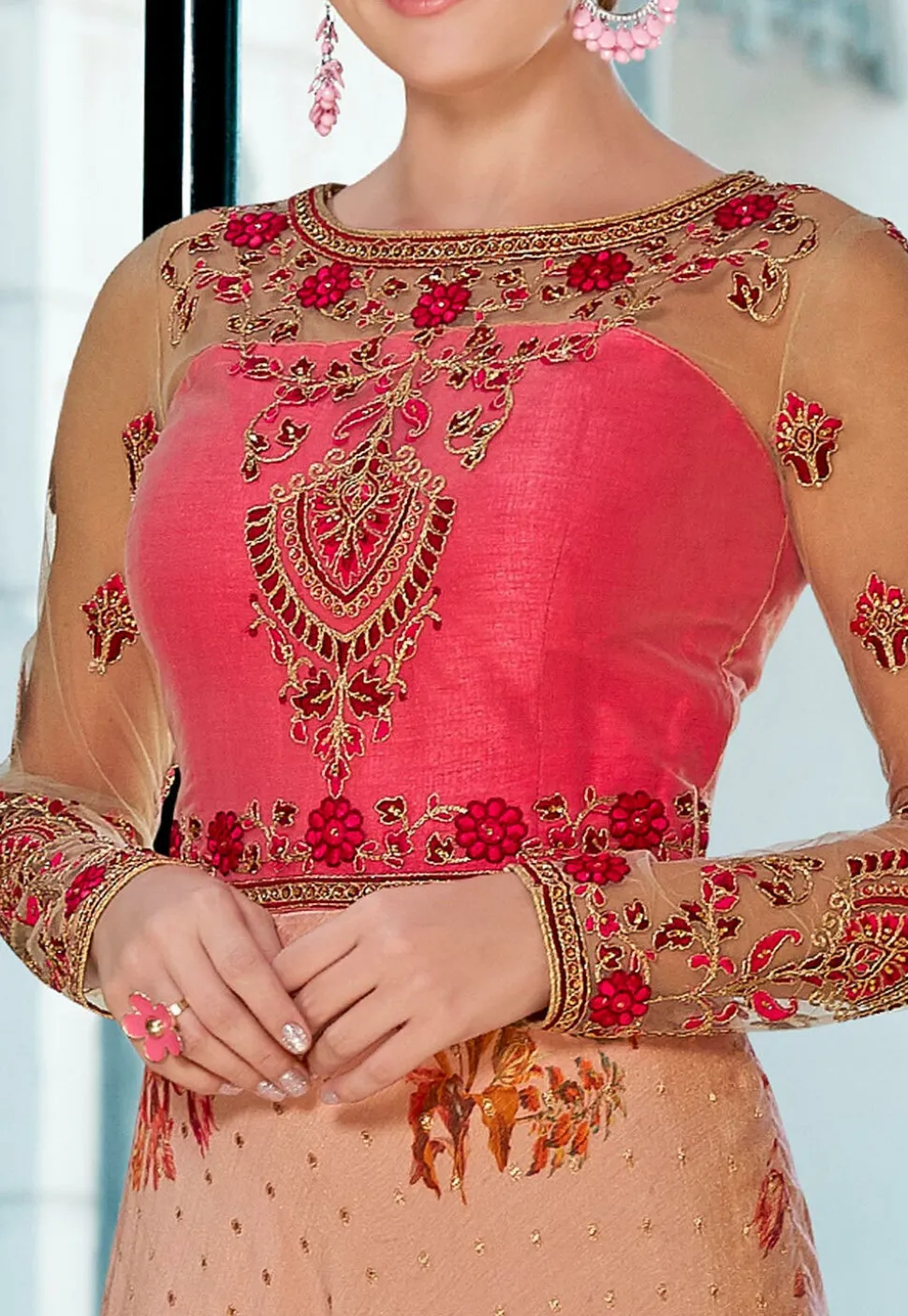 Digital Printed Art Silk Jacquard Gown in Peach and Pink