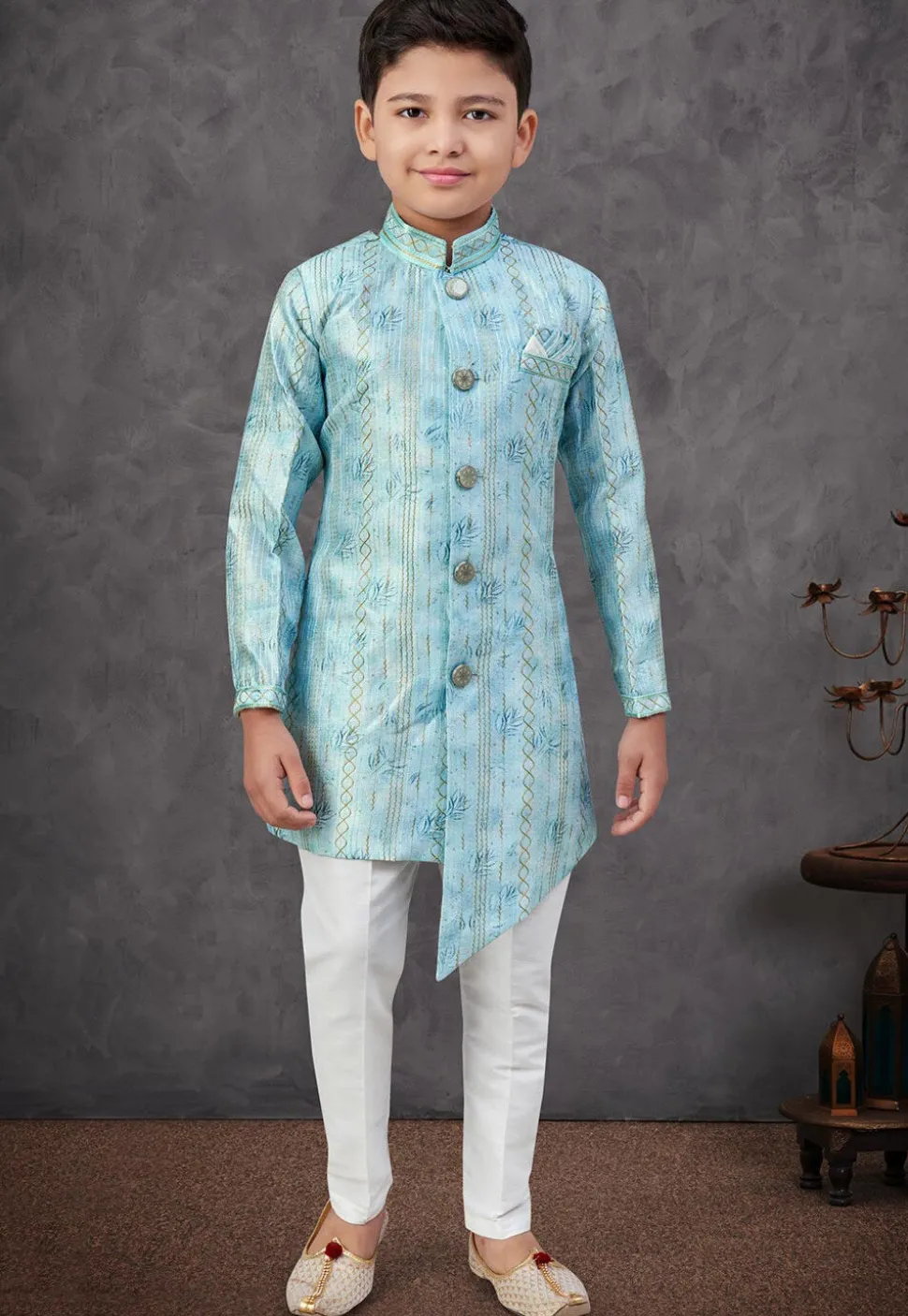 Digital Printed Art Silk Sherwani in Blue