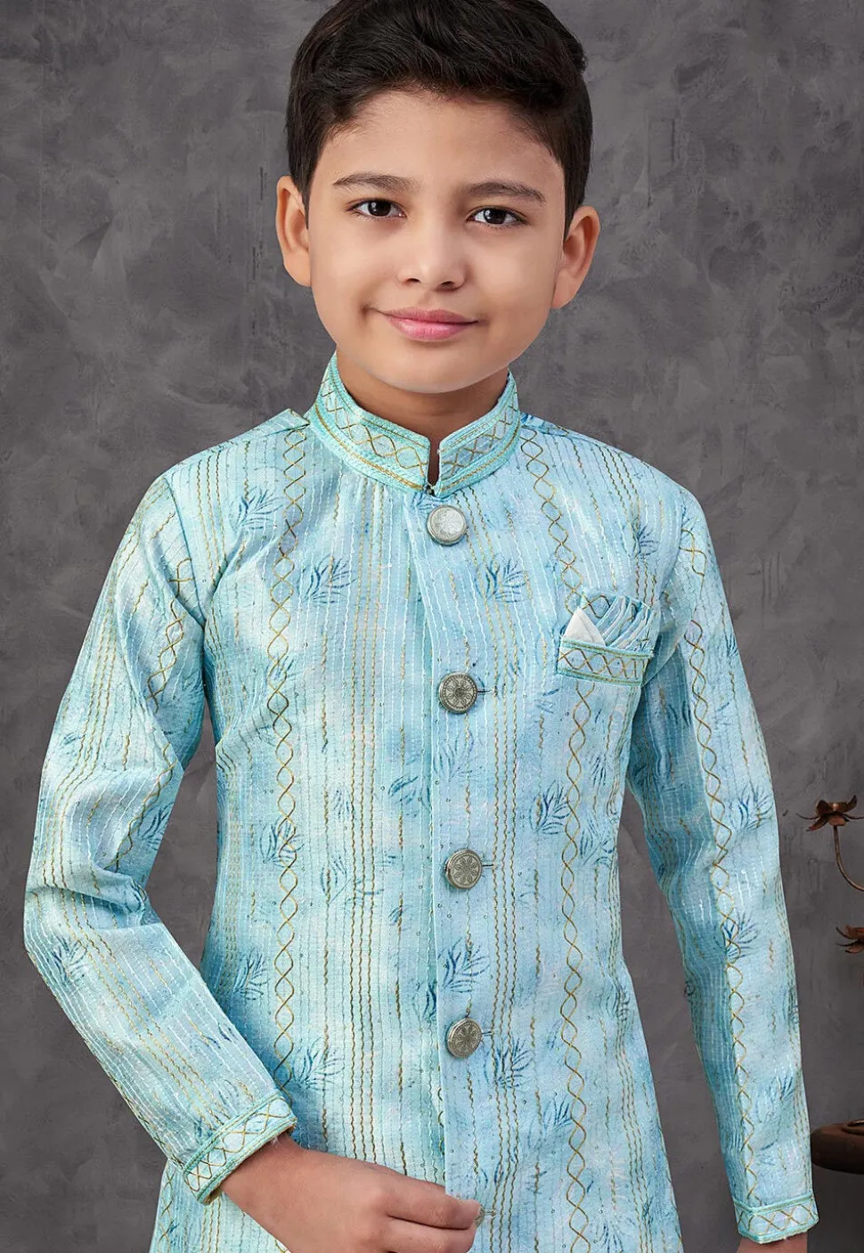 Digital Printed Art Silk Sherwani in Blue