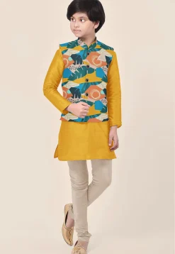 Digital Printed Art Silk Kurta Set in Mustard