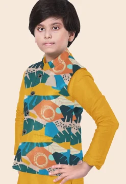 Digital Printed Art Silk Kurta Set in Mustard